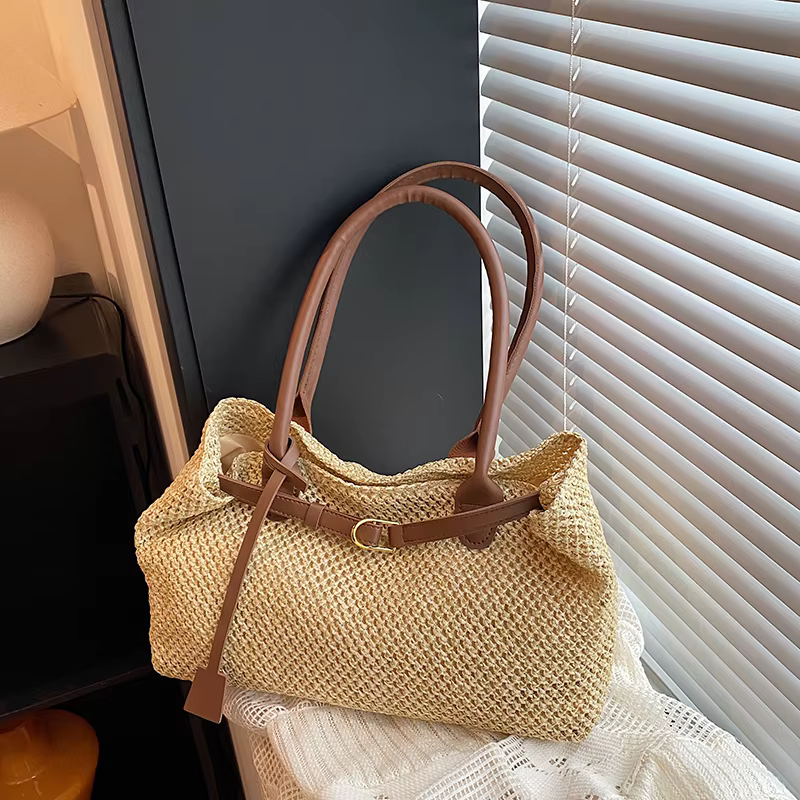 Sac à bandoulière en paille tressée décontracté pour femme, léger et élégant, avec boucle métallique, sac de voyage, de sortie ou de shopping