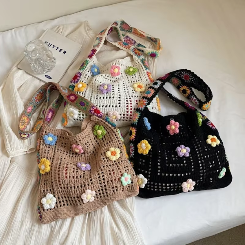 Sacs à main tricotés grande capacité été plage tissé sac à bandoulière filles fourre-tout Shopper sac femmes Boho Crochet sac fleurs de créateur