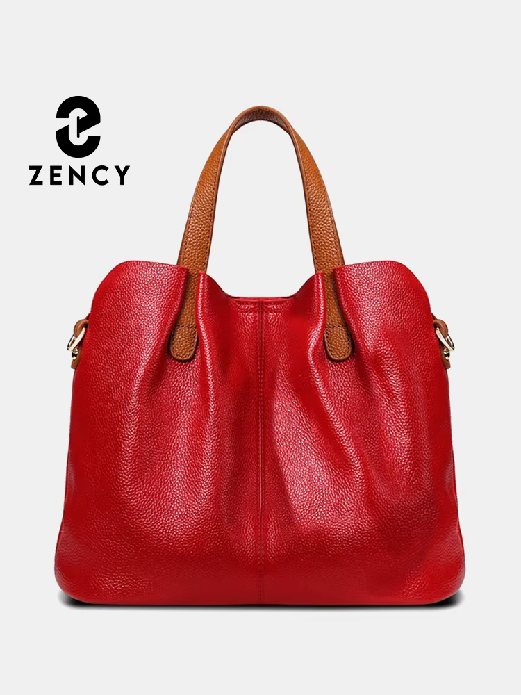 Zency Sac fourre-tout en cuir véritable femmes grand Composite froncé rouge Sac à main couche supérieure en peau de