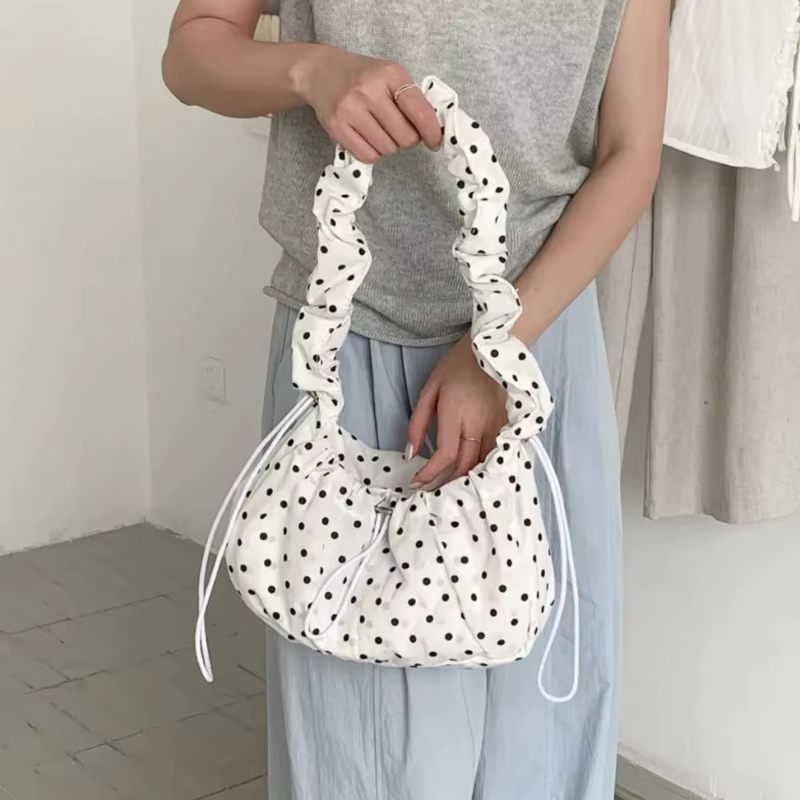 Sac bandoulière plissé rétro à pois grande capacité pour femme