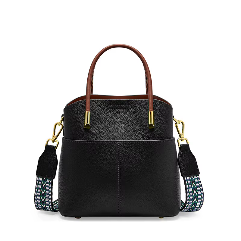 Sac seau en cuir véritable pour femme avec poignée supérieure et bandoulière amovible