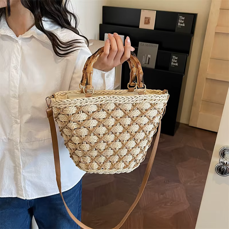 Sac seau en paille tressé à la main pour femme