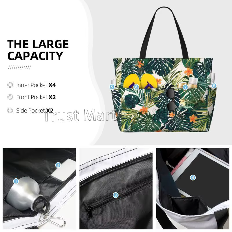 Sac de plage à feuilles et fleurs vertes tropicales pour femmes