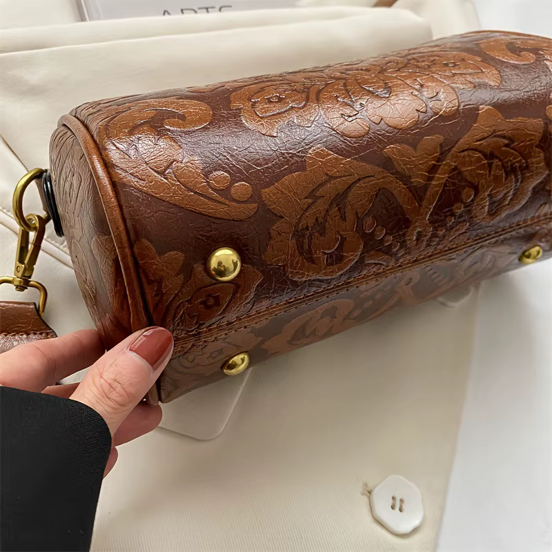 Retro Embossed Flower Leather Shoulder Bag
