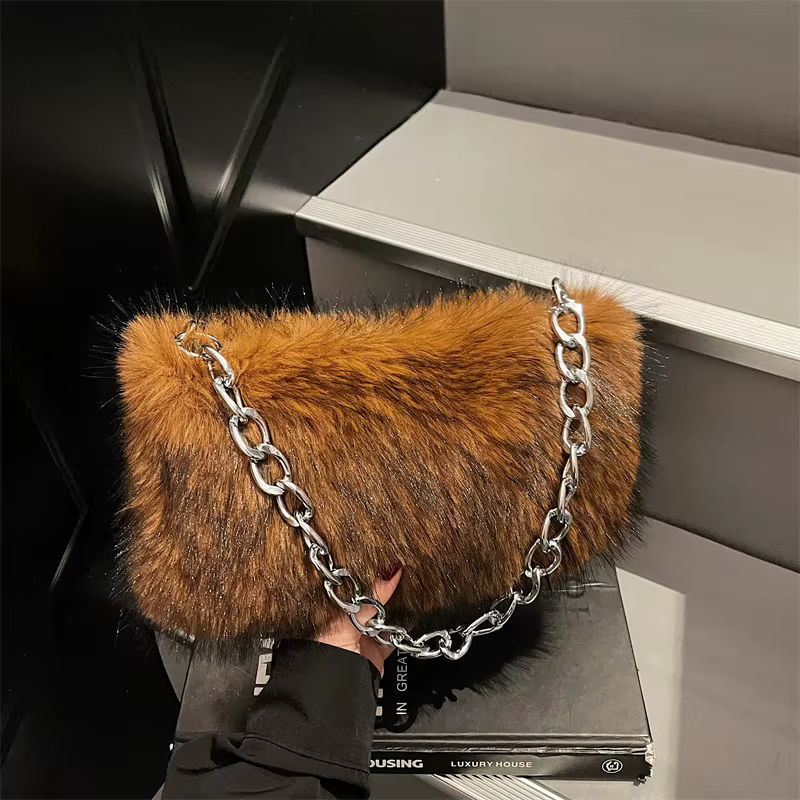Mode chaîne sac à bandoulière femmes 2025 hiver en peluche sac à main tendance aisselles Shopper sac