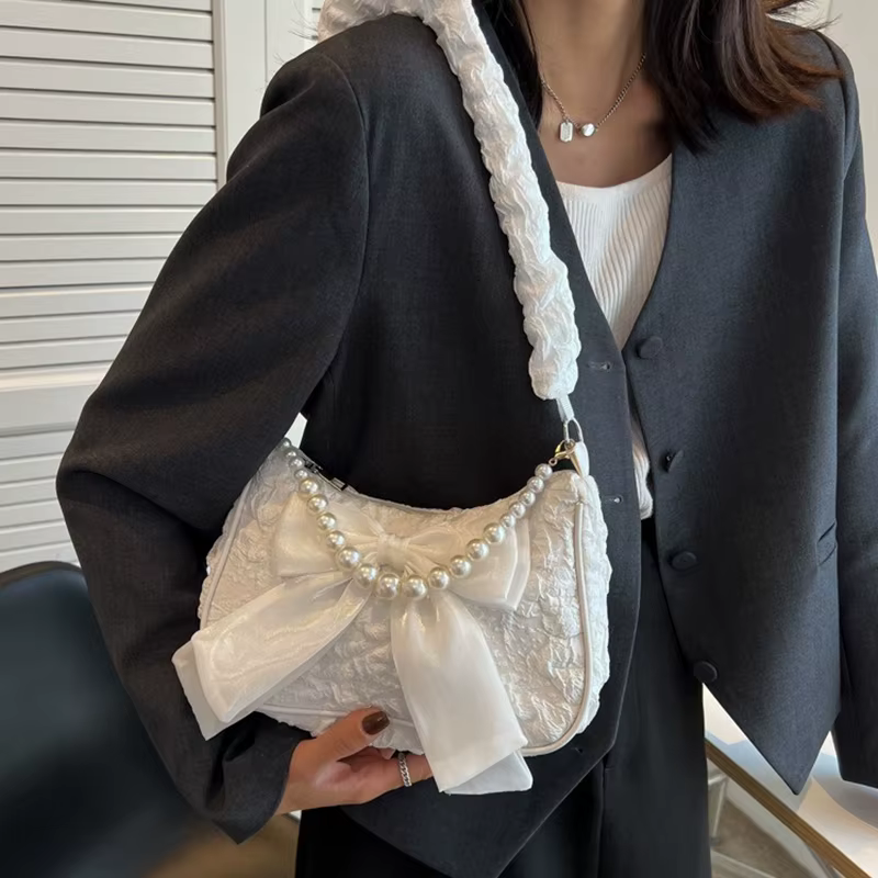 Sac à main plissé blanc en perles pour femmes