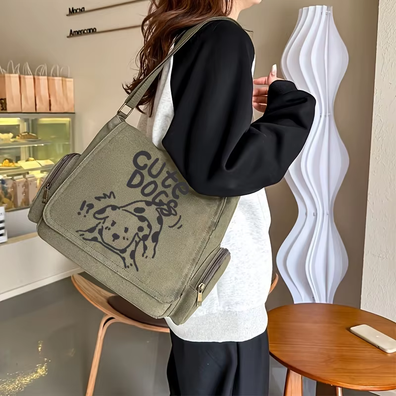 Sac à bandoulière en toile à motif de chiot pour femmes