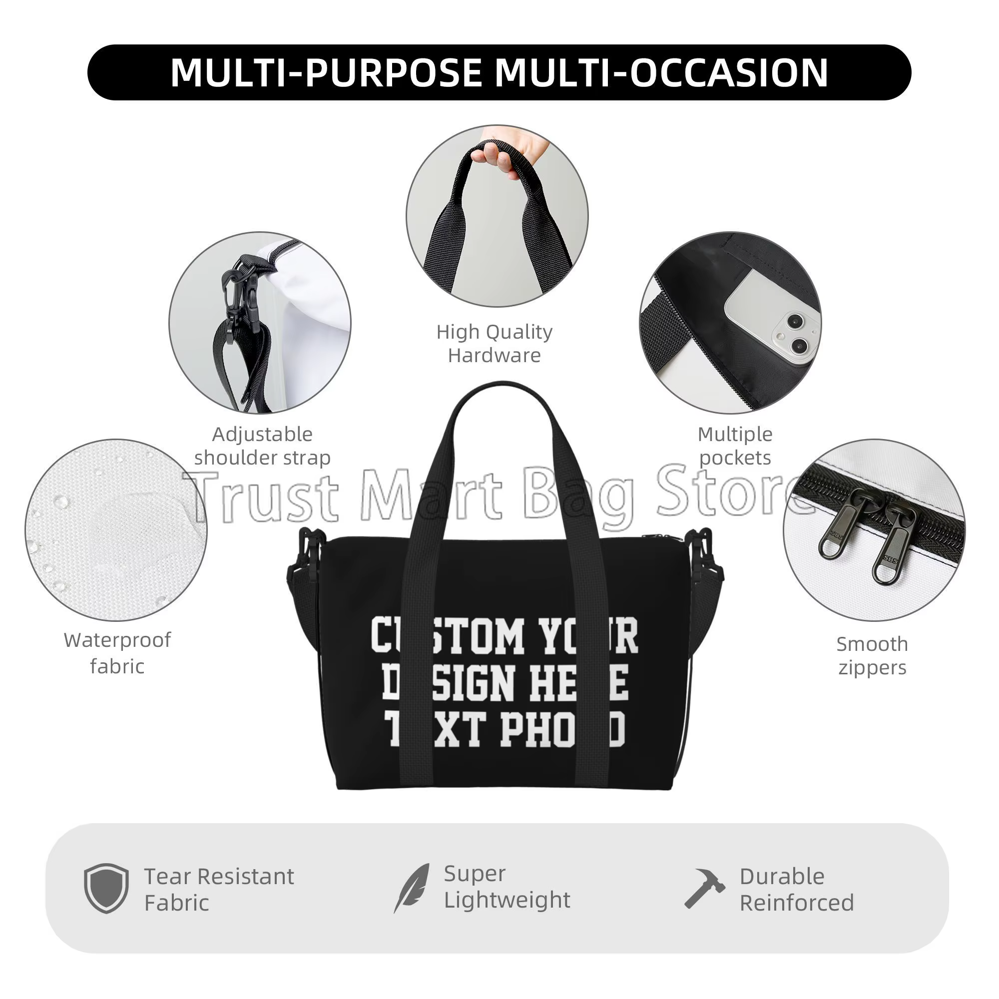 Personnalisez votre conception texte Photo impression sacs de sport personnalisé Durable week-end sac de nuit pour femmes hommes voyage sac de bagage