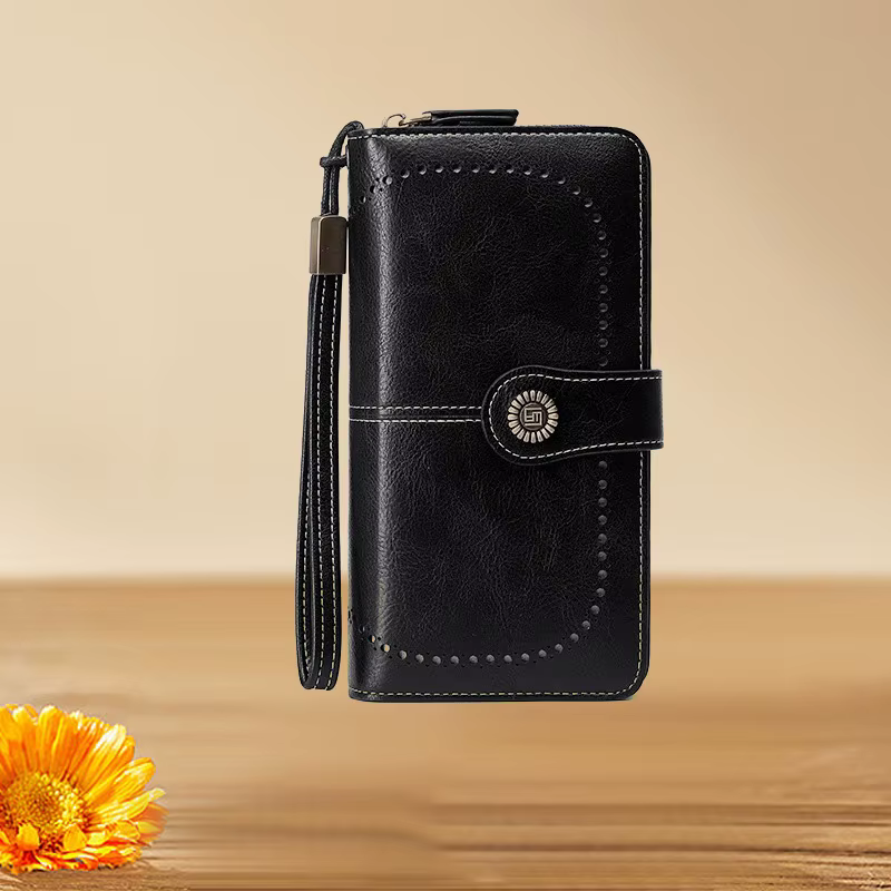 Pochette portefeuille longue en cuir PU perforé Vintage