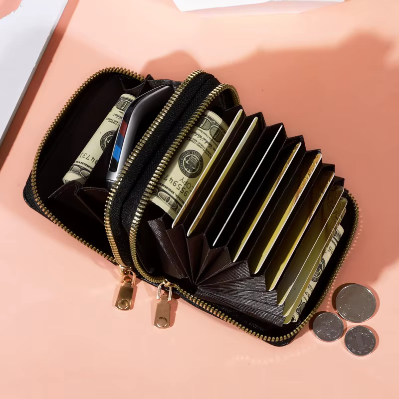 Femmes fermeture éclair Style court sac à main litchiPattern mode grande capacité Multi CaroSlot porte-monnaie