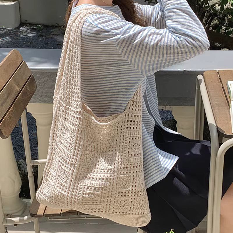 Sacs fourre-tout au crochet simple pour femmes, sac à main à poignée supérieure, creux, décontracté, à la mode, initié, dames, shopping