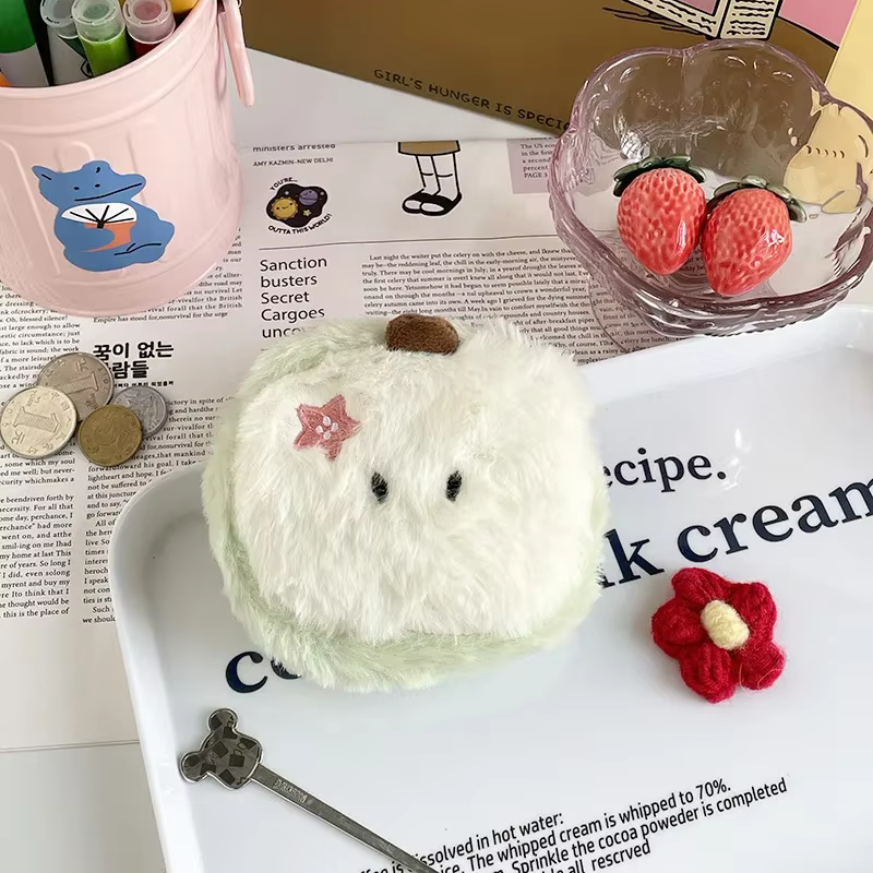 Porte-monnaie en peluche pomme mignon, Mini pochette Kawaii pour filles, porte-clés, portefeuille pour étudiant, organisateur de câbles d'écouteurs, poche douce et floue, cadeau