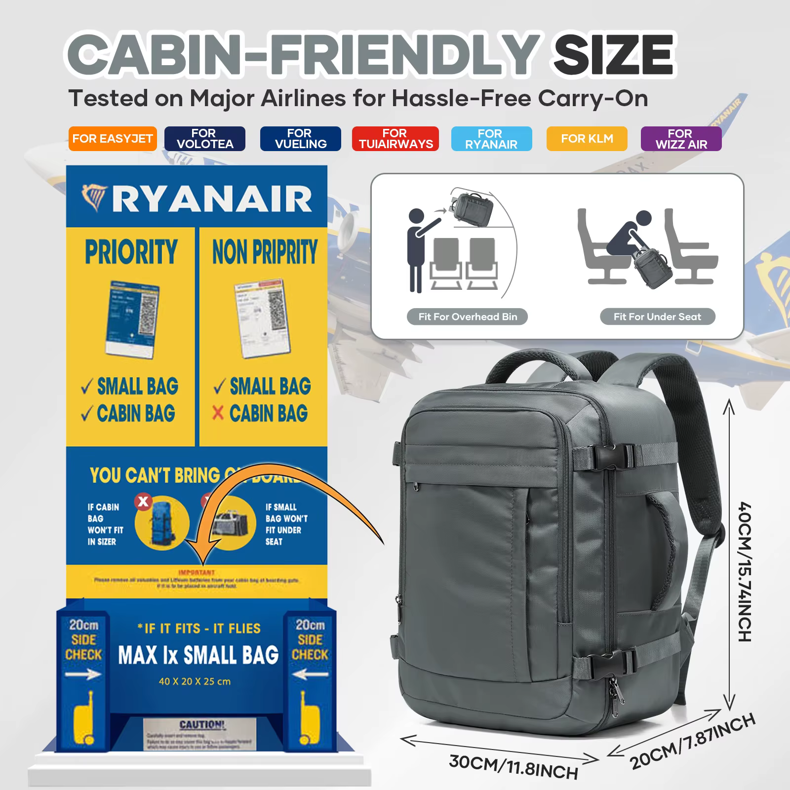 Ryanair sacs de cabine 40x30x20 sac à dos de voyage sous le siège