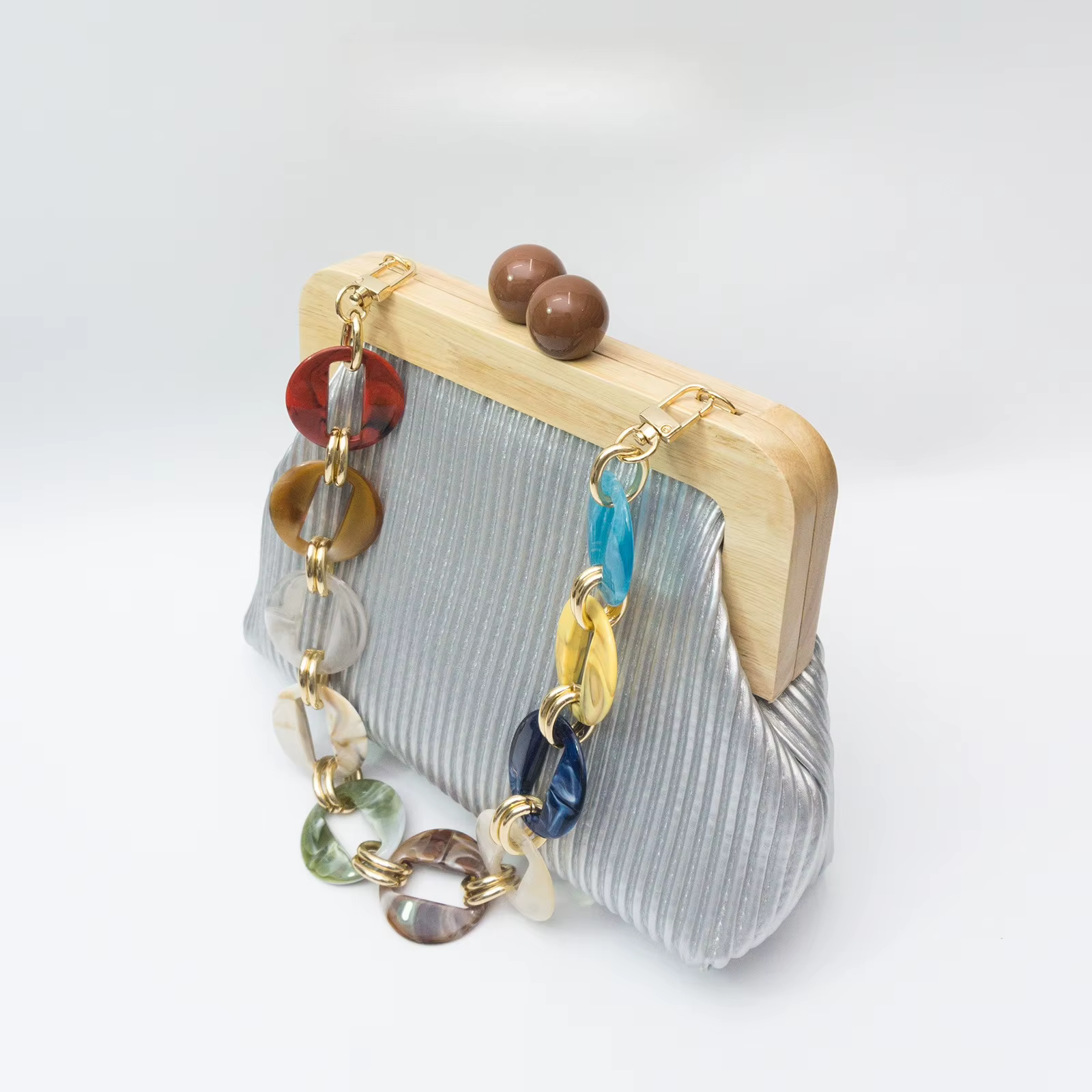 Sac de soirée élégant pour femme en paille avec cadre en bois et chaîne en acrylique