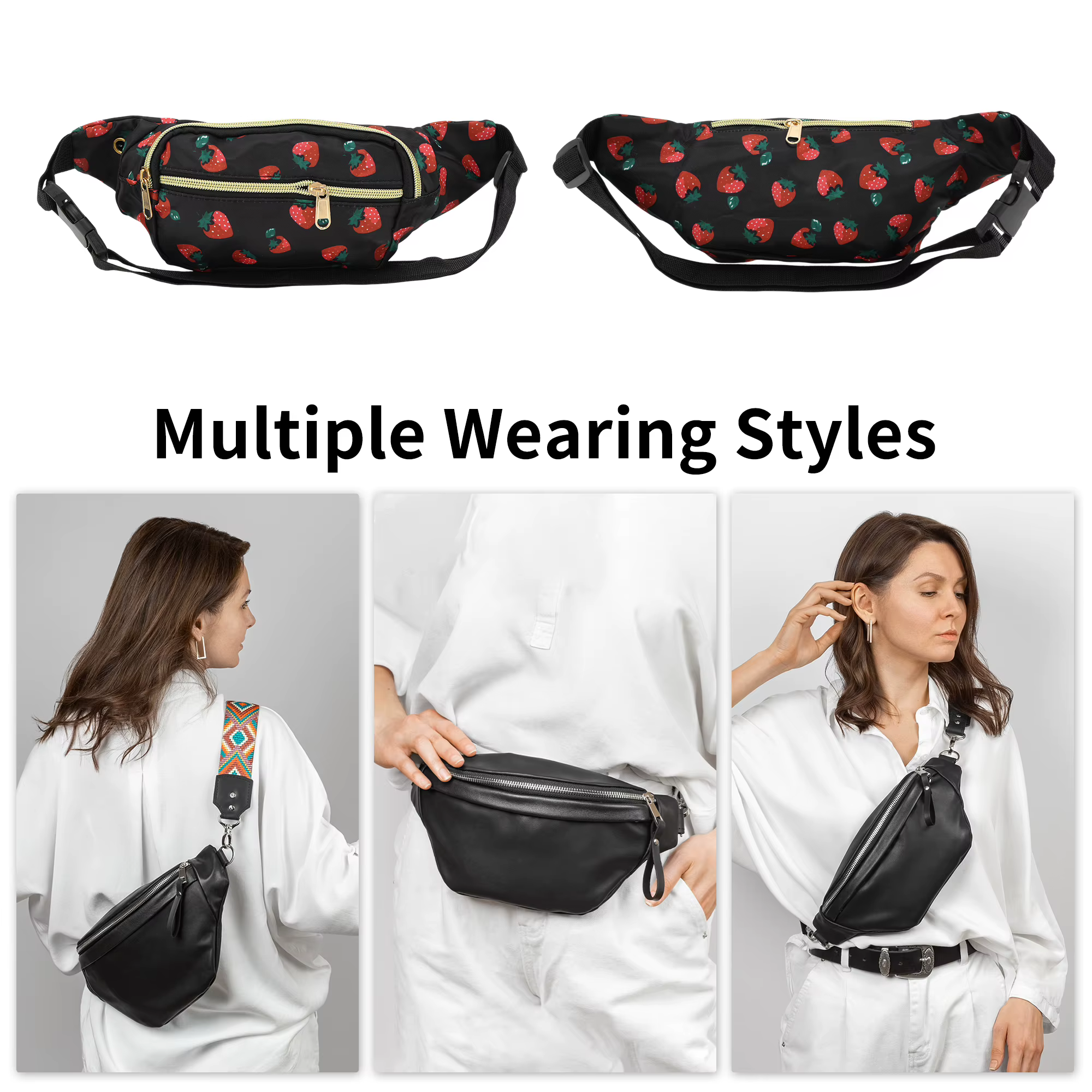 X Autohaux Sac banane motif fraise noir rouge 1 pièce