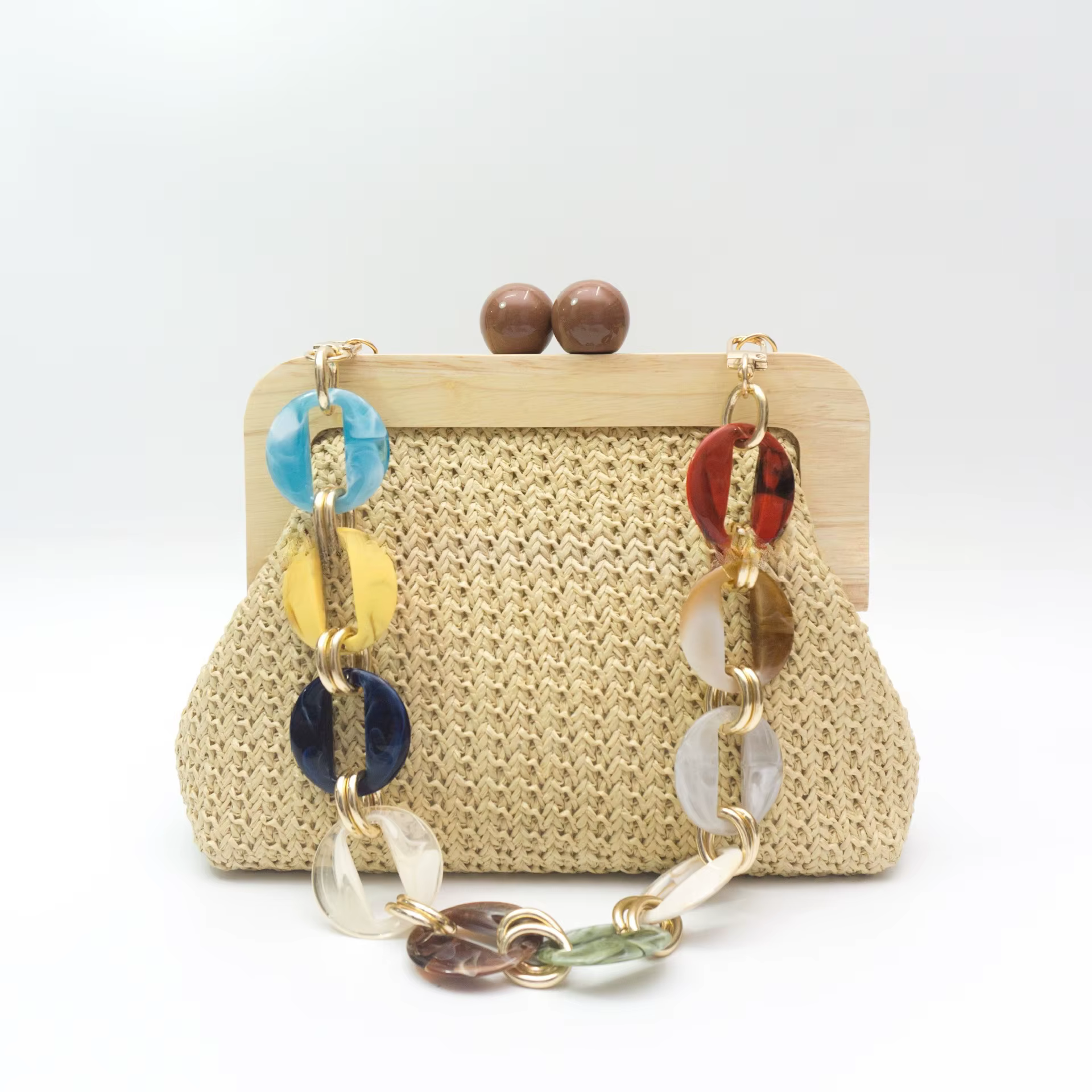 Sac de soirée élégant pour femme en paille avec cadre en bois et chaîne en acrylique