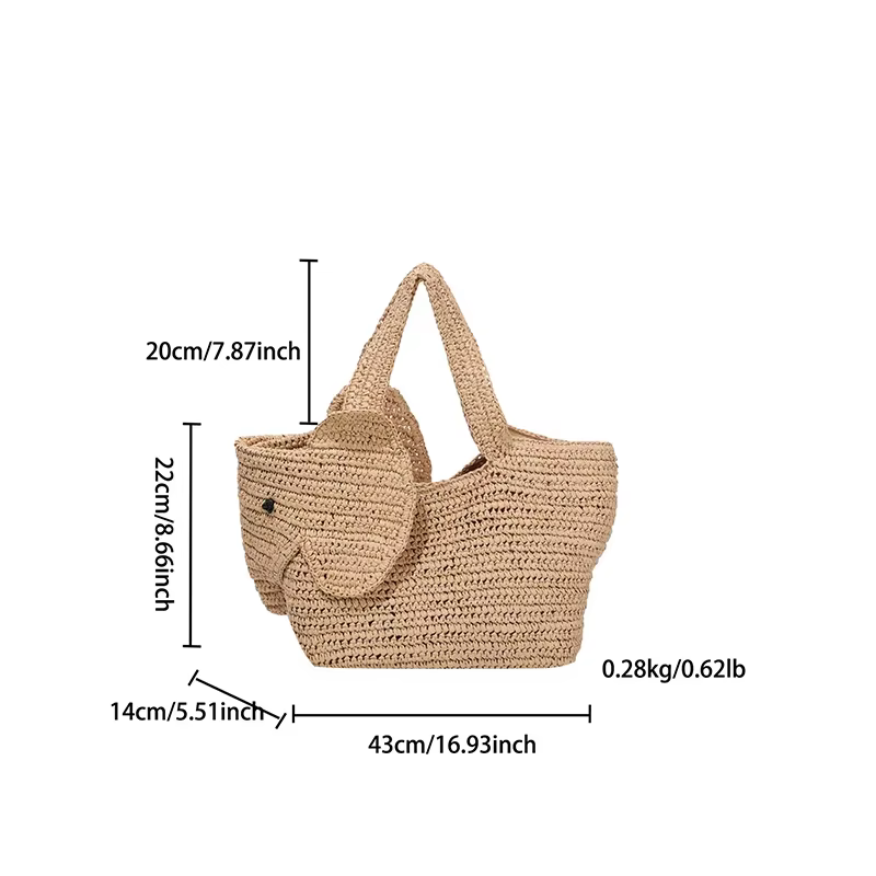 Sac fourre-tout tressé en paille fait main en forme d'éléphant