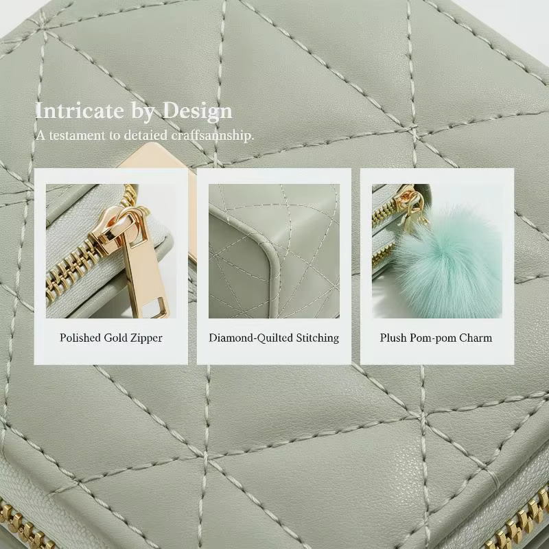 Mini portefeuille matelassé en cuir PU avec double fermeture éclair et pompon moelleux pour les trajets quotidiens
