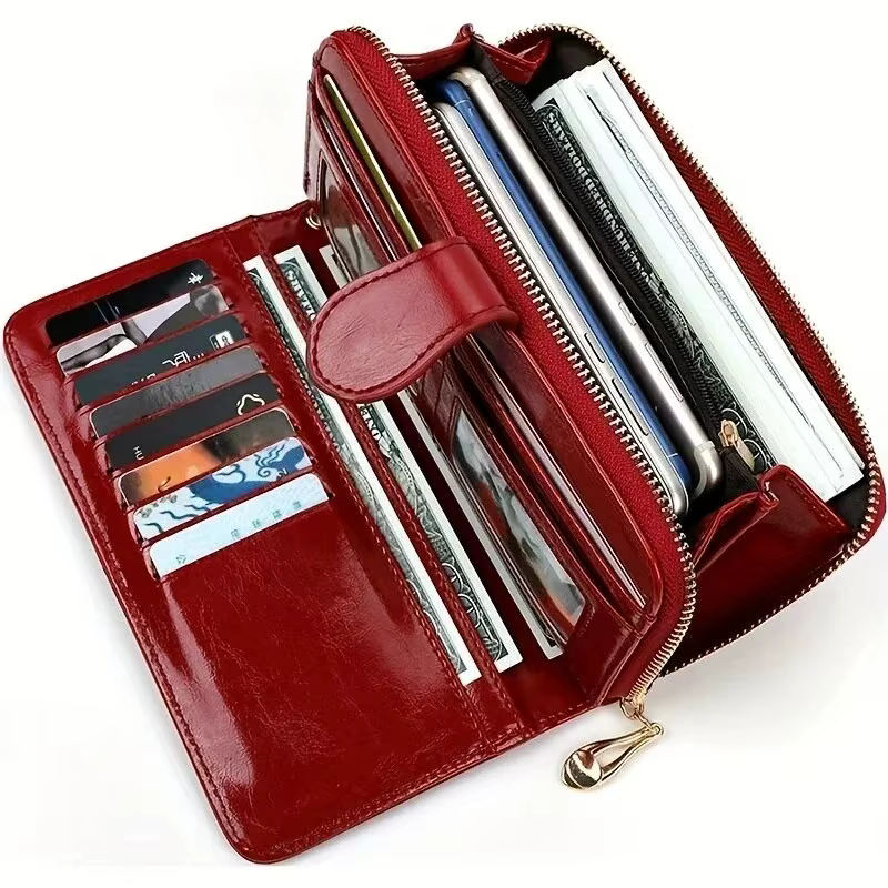Femmes Vintage huile cire PU cuir pochette portefeuille femme grande capacité téléphone sac à main dames bracelet