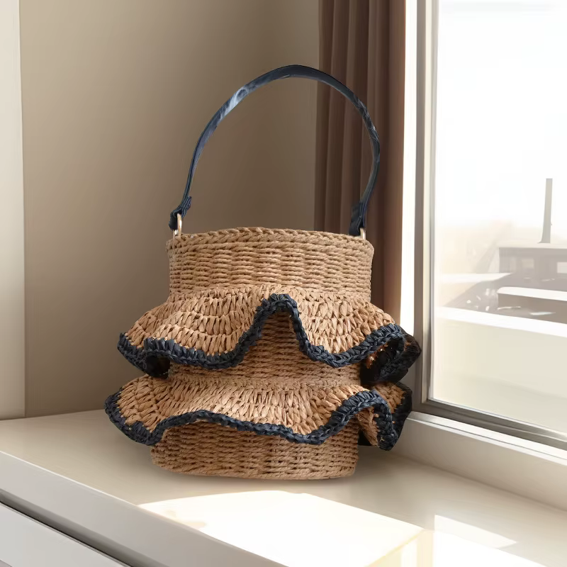 Sac seau froncé d'été, sacs à bandoulière tissés bohème pour femmes