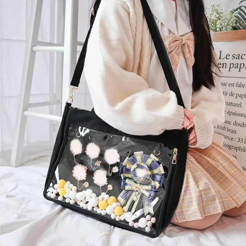 Sac à main japonais transparent pour femmes, grand sac Ita noir avec insert, sacs à main Kawaii pour filles, sacs à main à double sangles