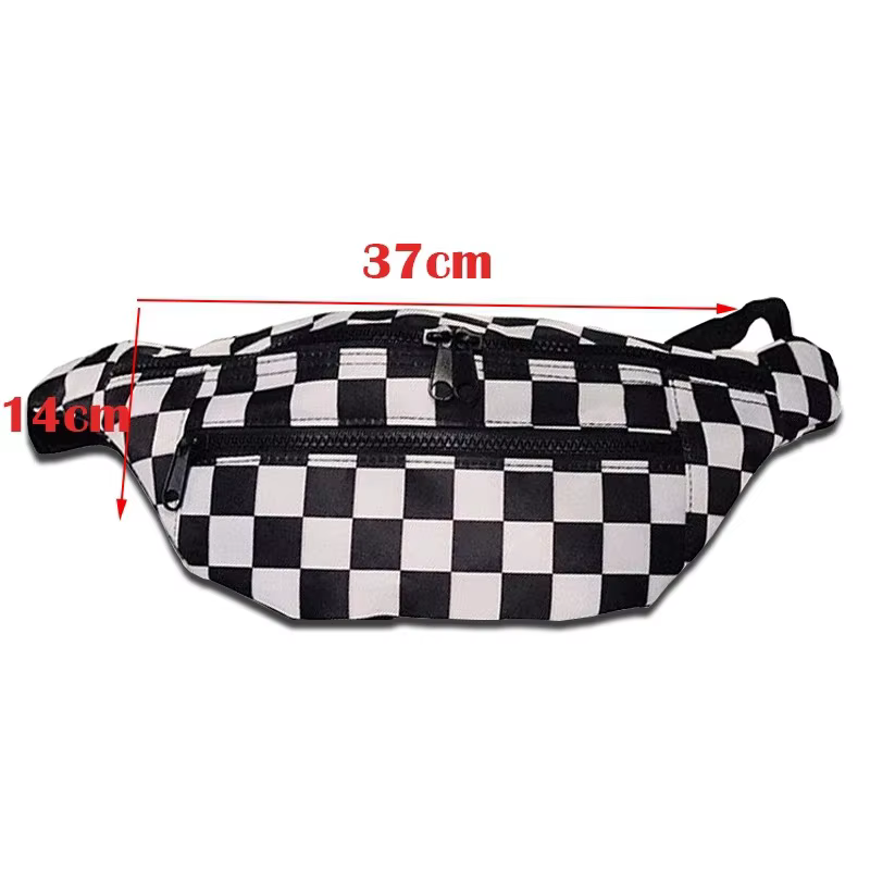 Nouveau sac de taille à la mode à carreaux noir et blanc avec doubles fermetures éclair et sac à bandoulière en toile