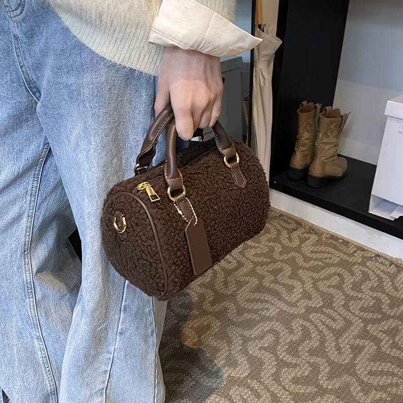 Sac à Main en Fausse Fourrure Beige pour Femme
