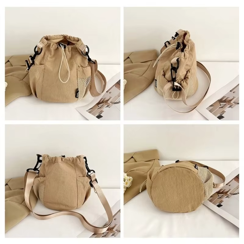 Sac seau coréen uni en nylon froissé avec cordon de serrage