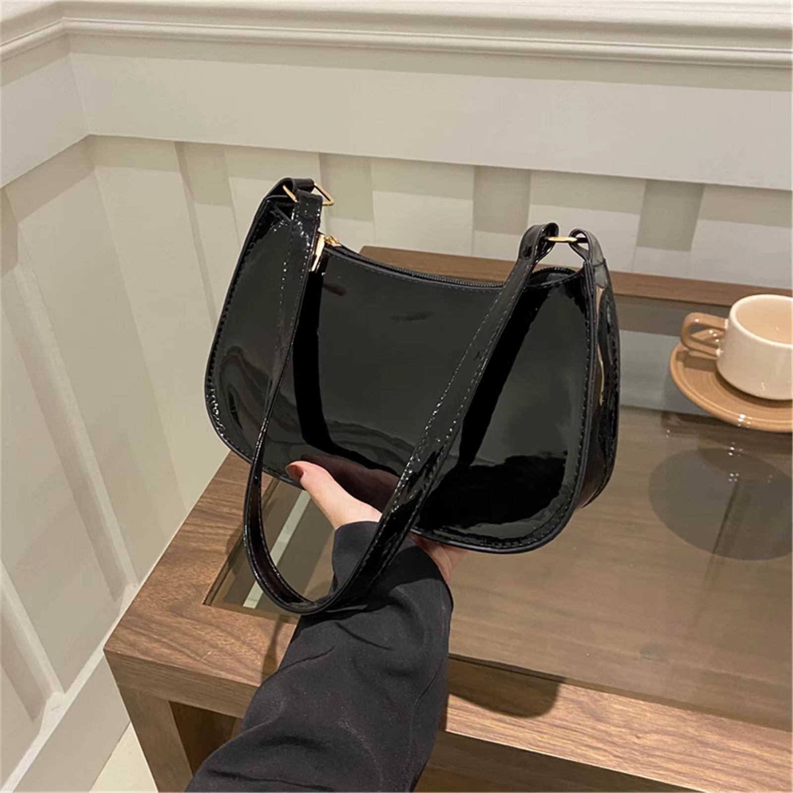 Sac à bandoulière en cuir verni brillant rétro couleur unie sacs à main pour femmes décontracté marque concepteur sac sous les bras mode Simple Hobo sac
