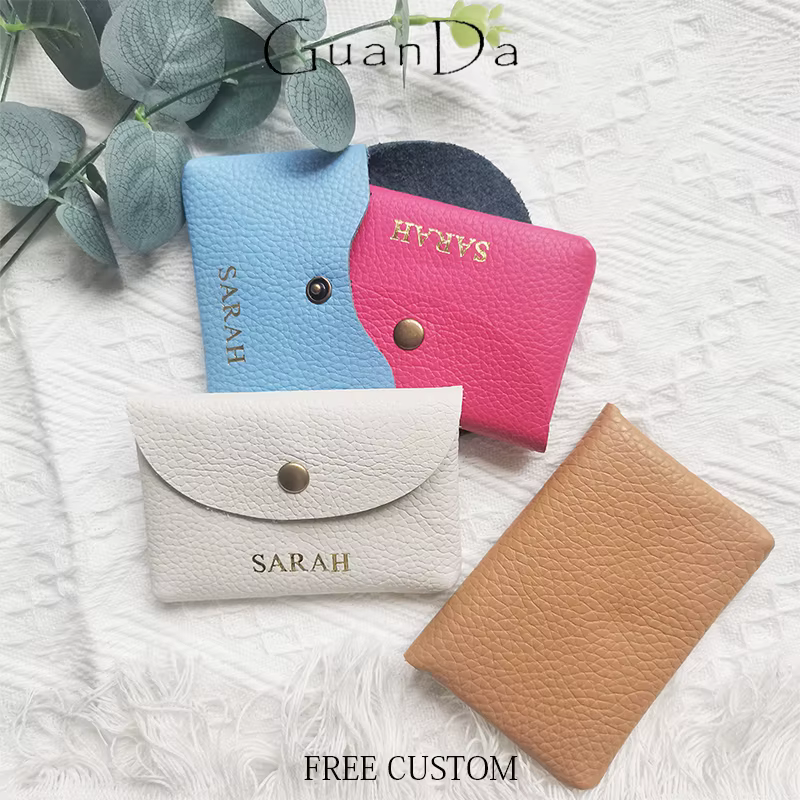 Mini porte-monnaie en cuir véritable avec nom personnalisé