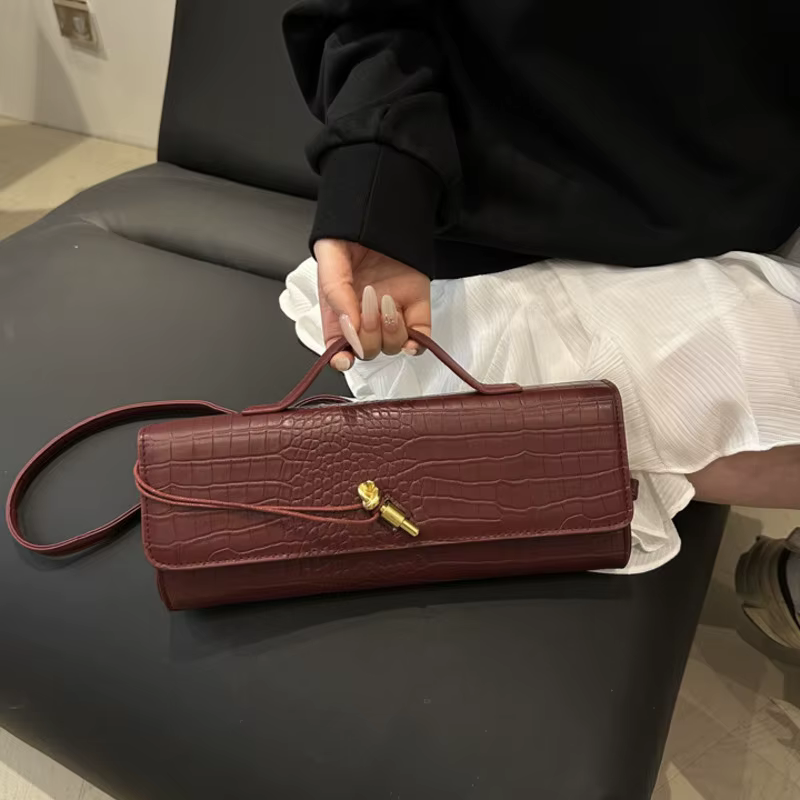 Sacs pour femmes élégants noir rétro en cuir PU motif Crocodile rabat pochette