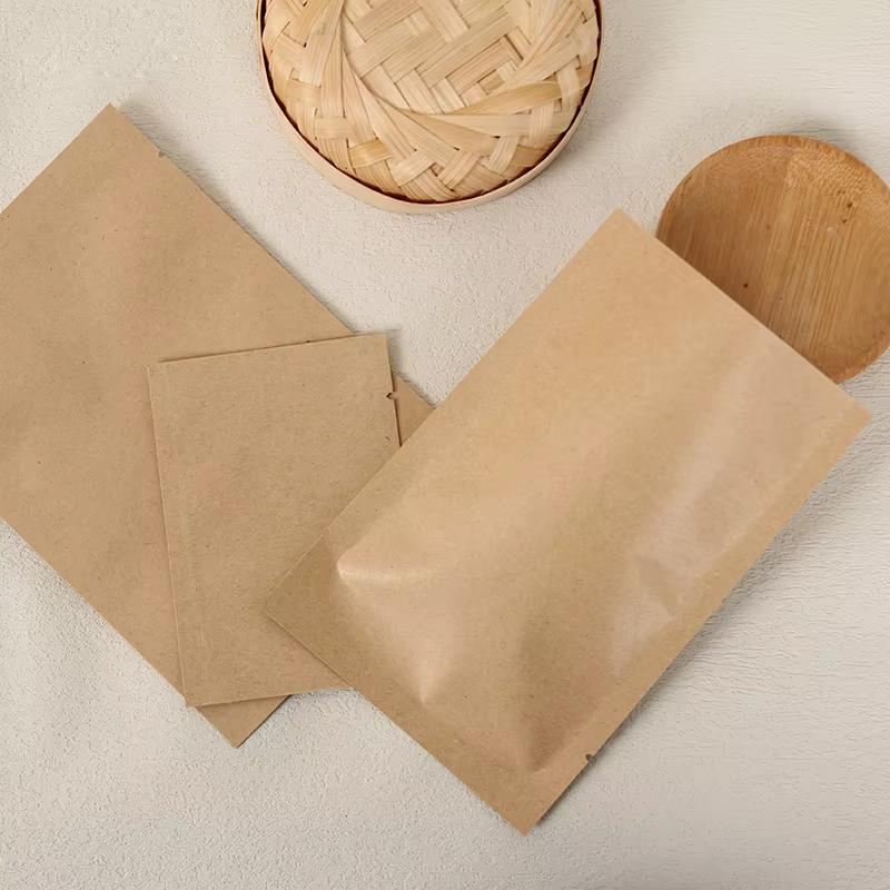 Sac à fond plat scellé à trois côtés en papier Kraft, impression personnalisée, le plus vendu, pour cadeaux, biscuits, pochette d'emballage de thé