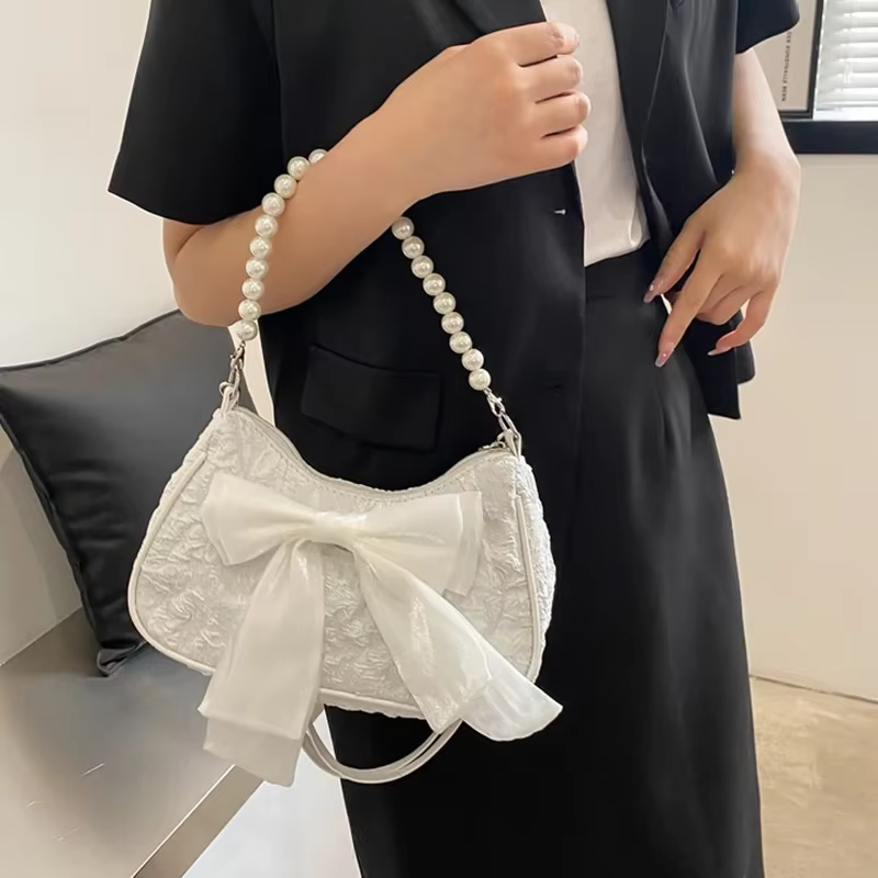 Sac à main plissé blanc en perles pour femmes