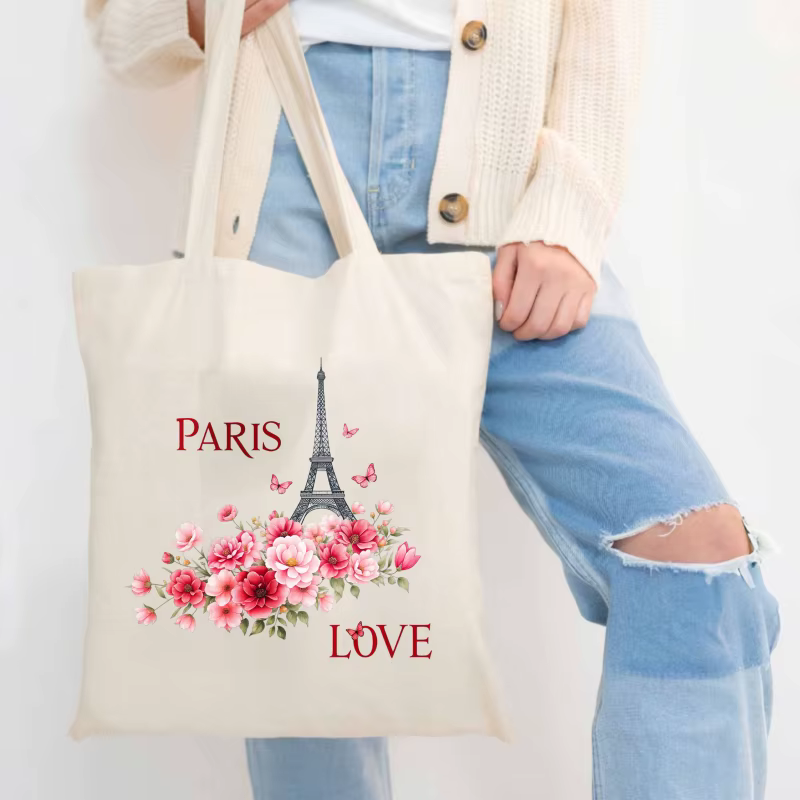 Sac fourre-tout en toile crème Paris Tour Eiffel imprimé amour floral