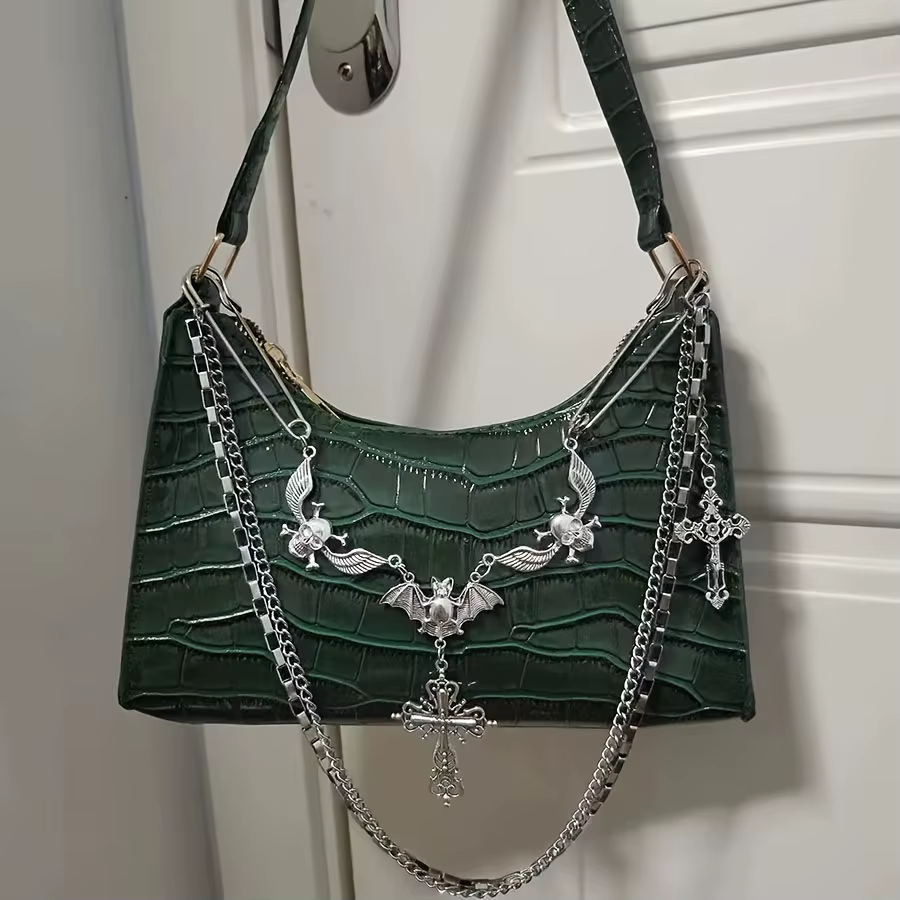 Sac à main gothique Y2K avec chaîne tête de mort et croix - Petit sac à bandoulière en similicuir style punk pour femme