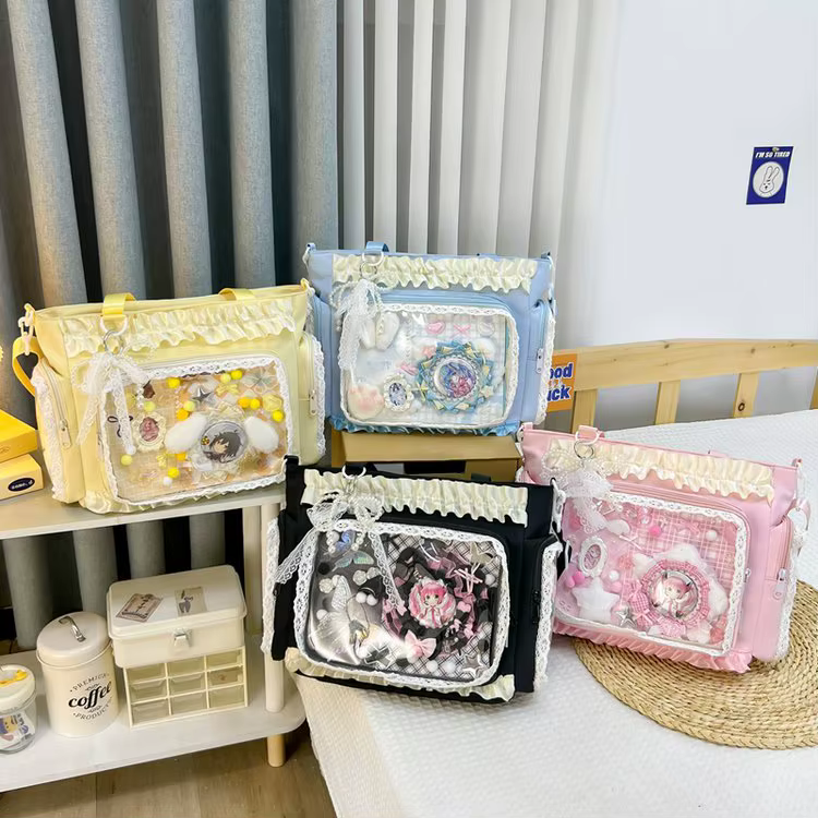 Sac fourre-tout Ita japonais Kawaii rose en dentelle à volants avec plaque de base et fenêtre transparente