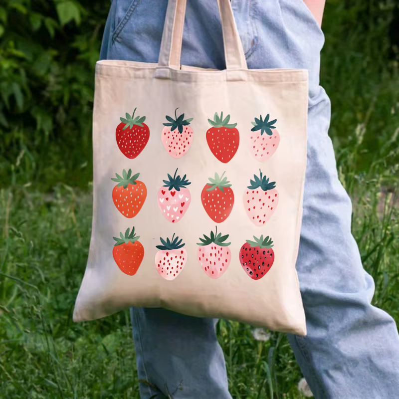 Sac fourre-tout en coton à motifs de fraises crémeuses pour un usage quotidien