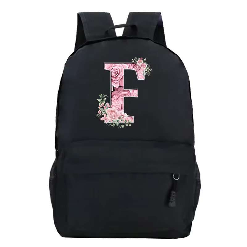 Rose Rose Alphabet sac à dos noir décontracté femmes esthétique sac à dos adolescente garçon fleur lettre sac d'école étudiant Mochilas