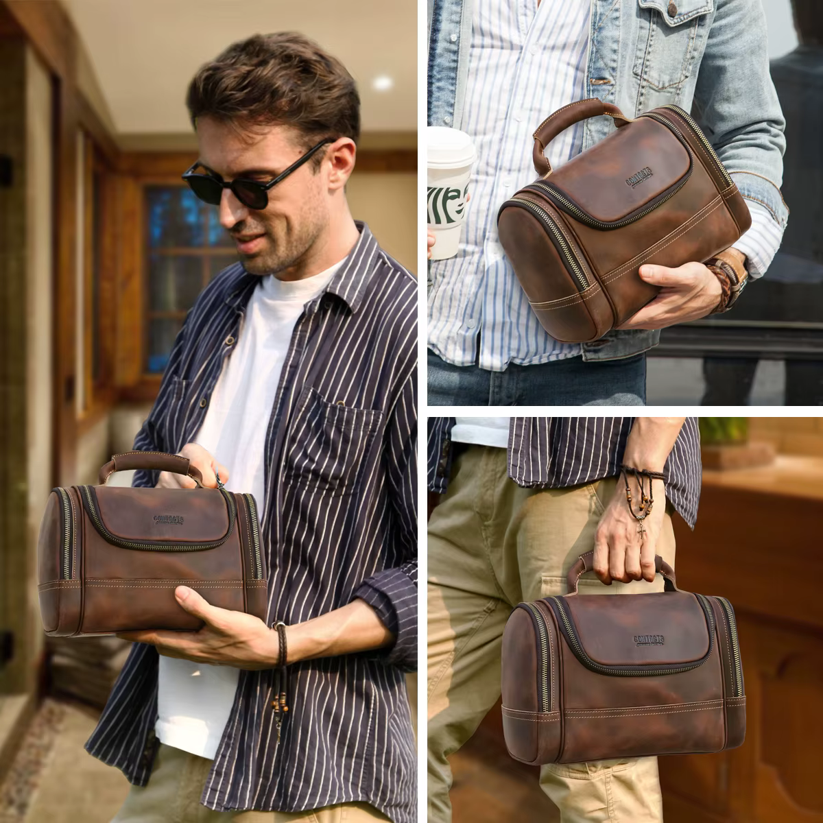 Hommes en cuir véritable voyage affaires toilette rasage sac femmes rétro cosmétique lavage douche organisateur sac à main grande capacité