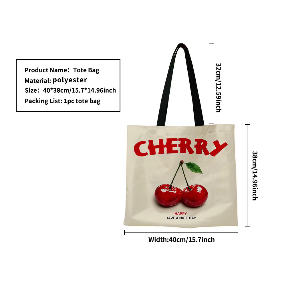 Sac fourre-tout en toile à imprimé cerises – Base crème minimaliste avec inscription « CHERRY » rouge vif et graphique