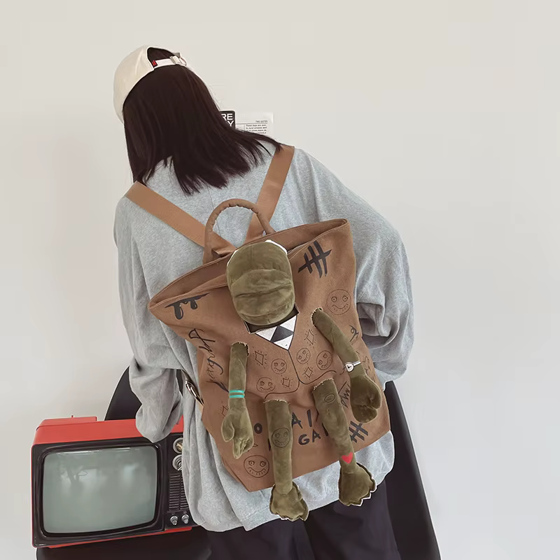 Sacs à dos pour femmes Graffiti incrusté peluche grenouille monstre Zip grande capacité école sac à dos hommes voyage réglable sac à dos en plein air