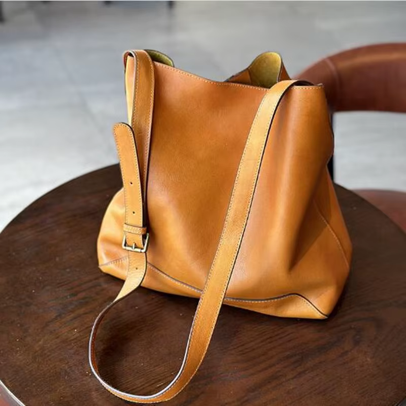 Sac seau coréen en cuir de vache pour femme