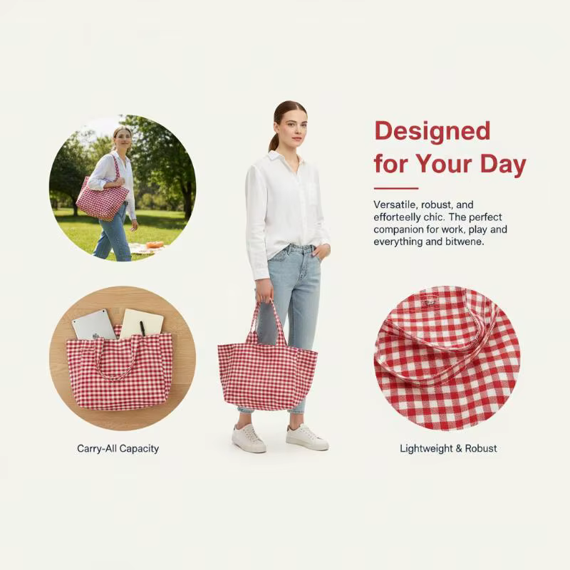 Sac fourre-tout en toile à carreaux avec motif