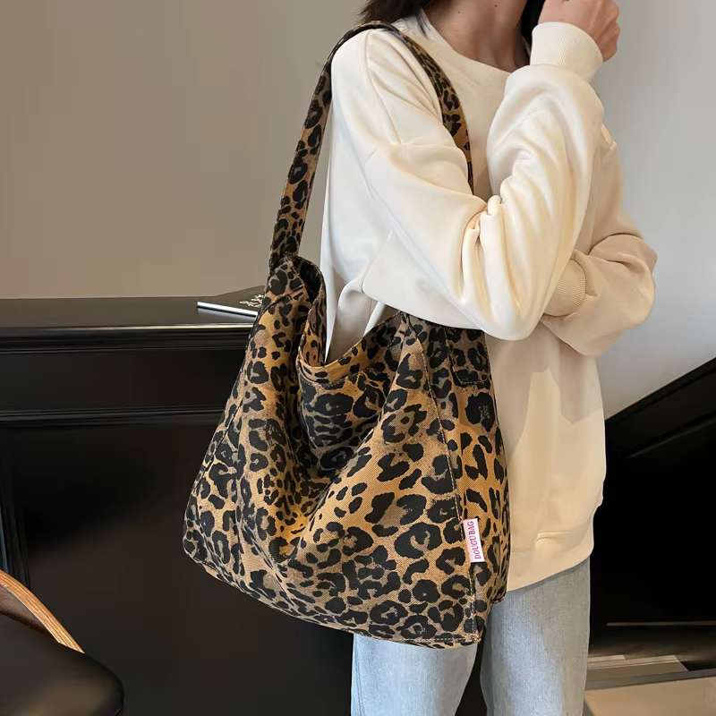 Sac à main en toile léopard vintage pour femmes 2025 Grand sac fourre-tout