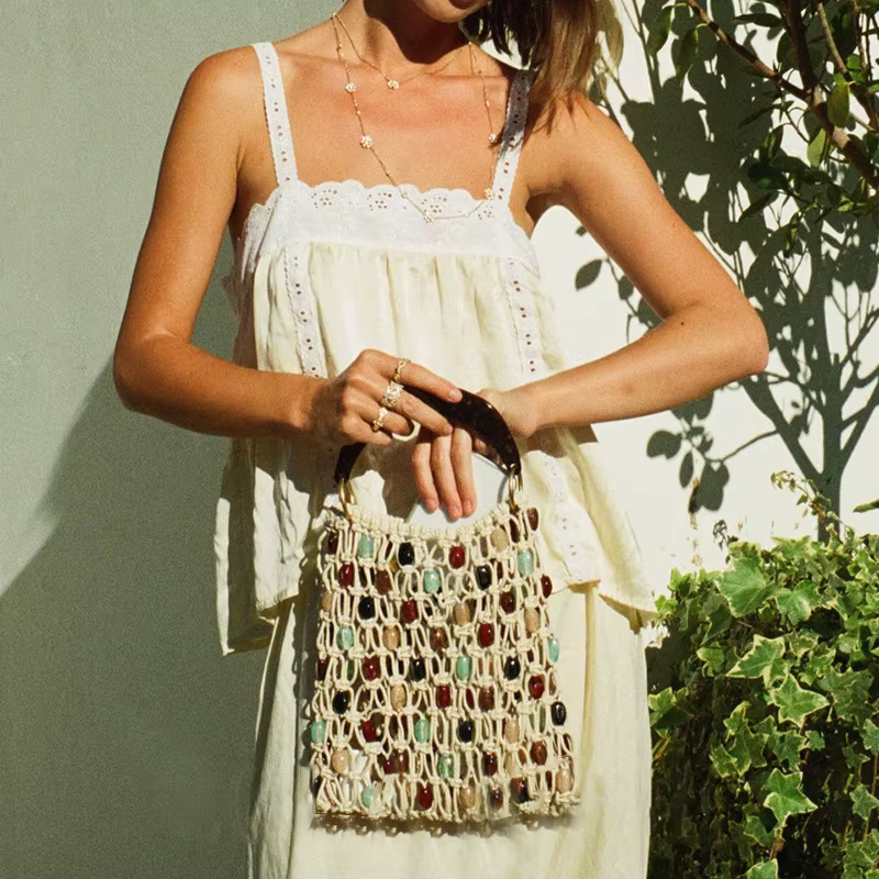 Sac à main rétro tissé à la main avec perles creuses pour femmes