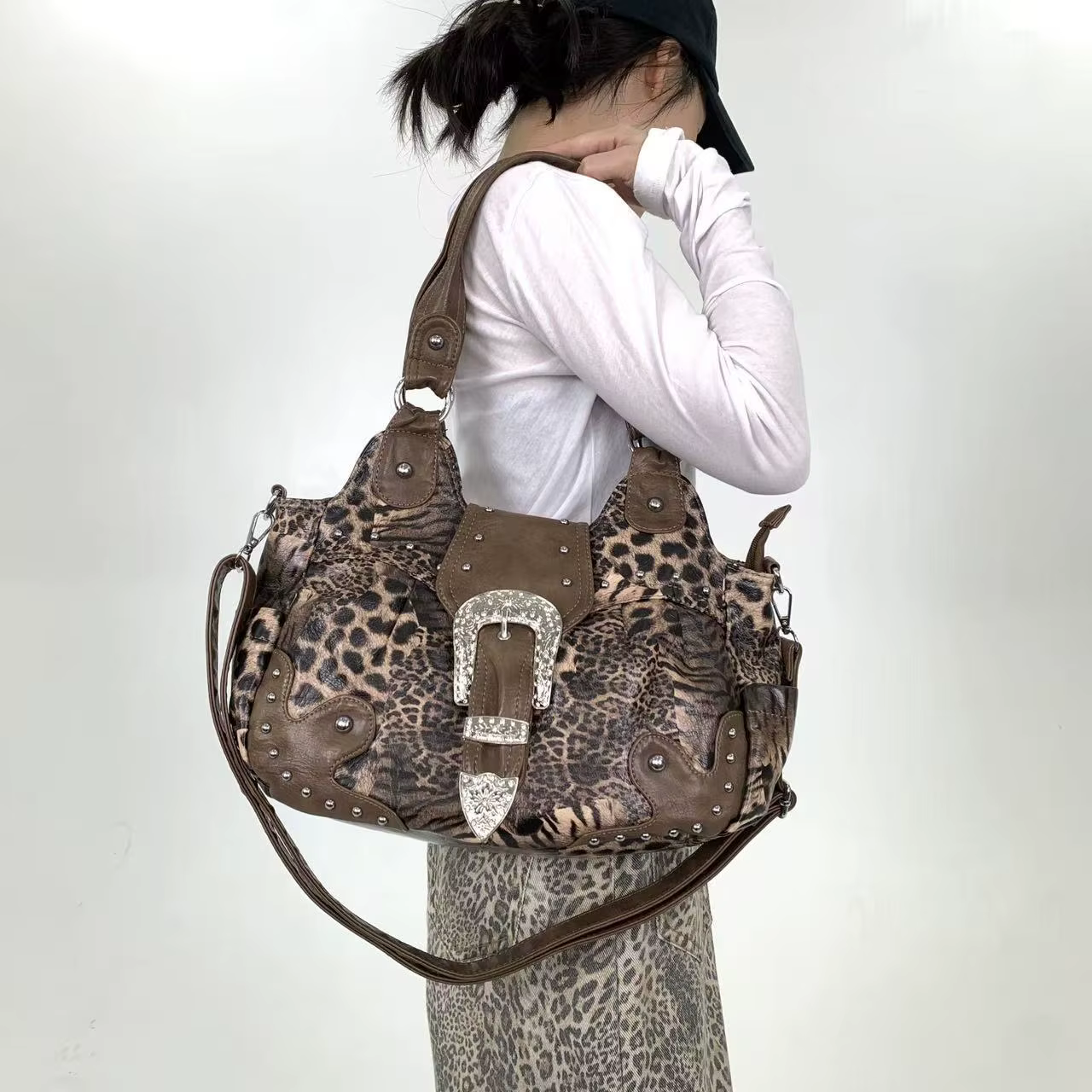 Y2K – sac fourre-tout en patchwork imprimé léopard pour fille épicée