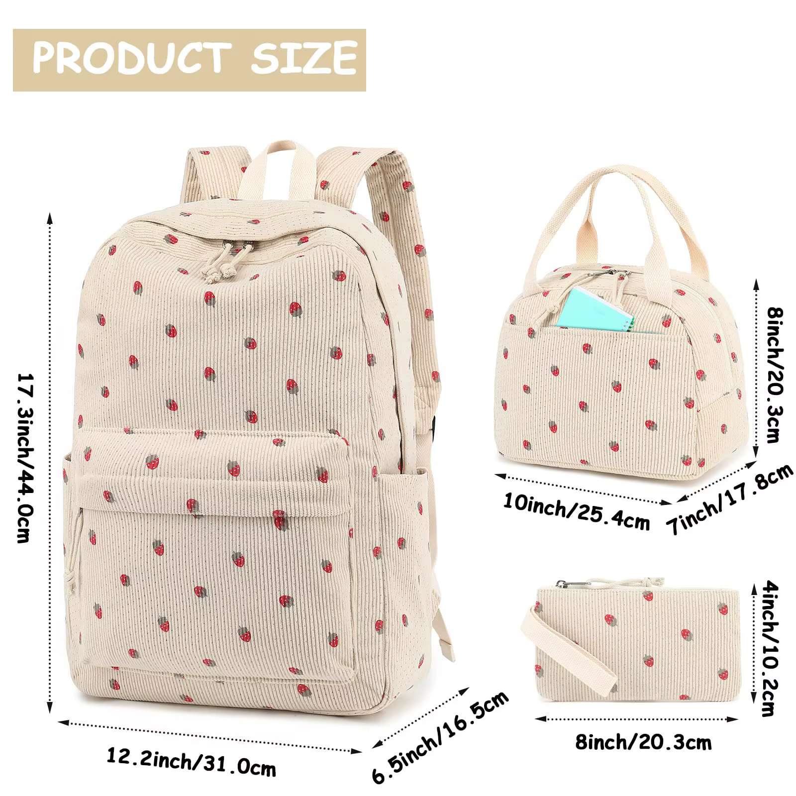 Velours côtelé 3Pecs/ensemble sacs d'école pour adolescents collège style sac à dos femme filles couleur unie femmes