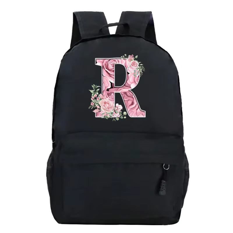 Rose Rose Alphabet sac à dos noir décontracté femmes esthétique sac à dos adolescente garçon fleur lettre sac d'école étudiant Mochilas