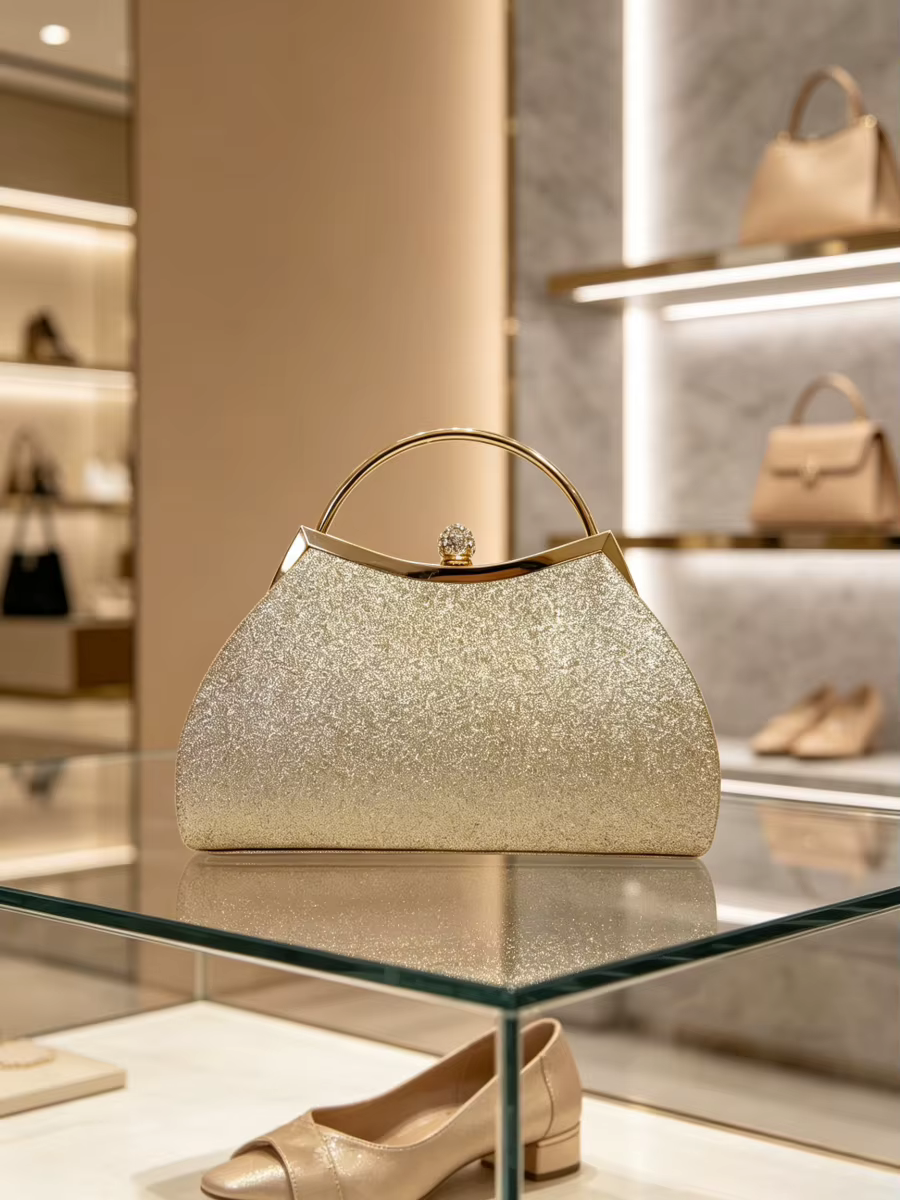 Sac à main de soirée brillant couleur champagne avec grande poignée supérieure en anneau doré