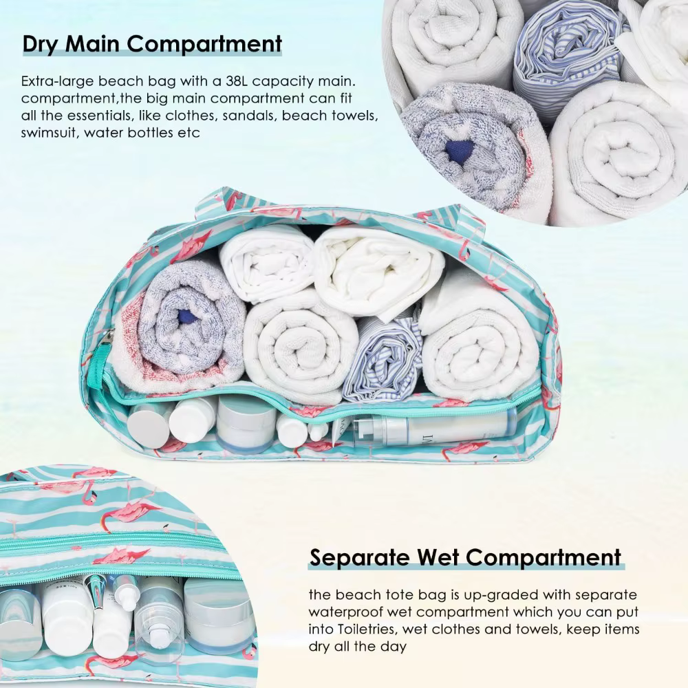 KABAQOO Sac de plage extra large imperméable et résistant au sable pour femme avec fermeture éclair et compartiment